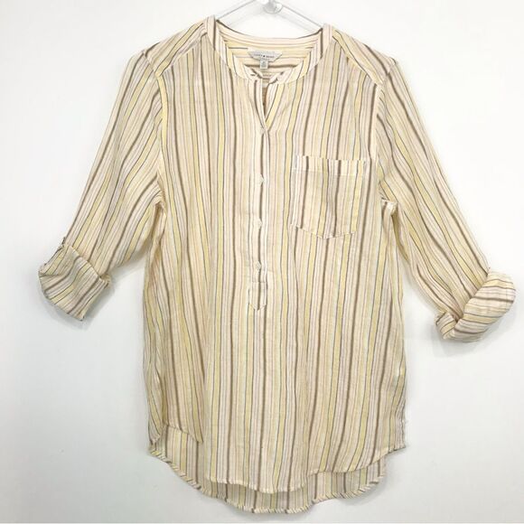 Lucky Brand Cream Brown Pinstripe Cotton Half Button Roll Sleeve Tunic Blouse - Picture 1 of 14